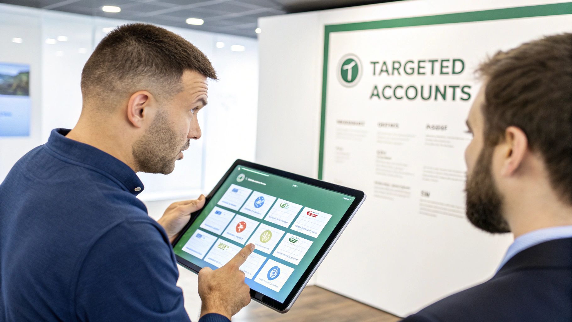 Two men discuss business strategies, viewing targeted accounts on a digital tablet in a modern office.