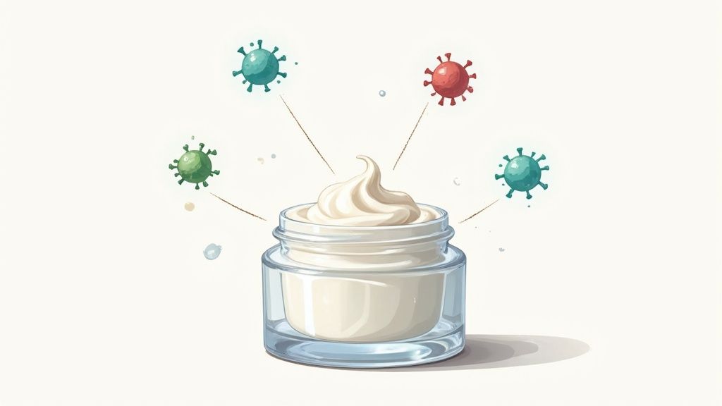 Cosmetic cream jar with natural antimicrobial protection against bacteria and viruses illustration