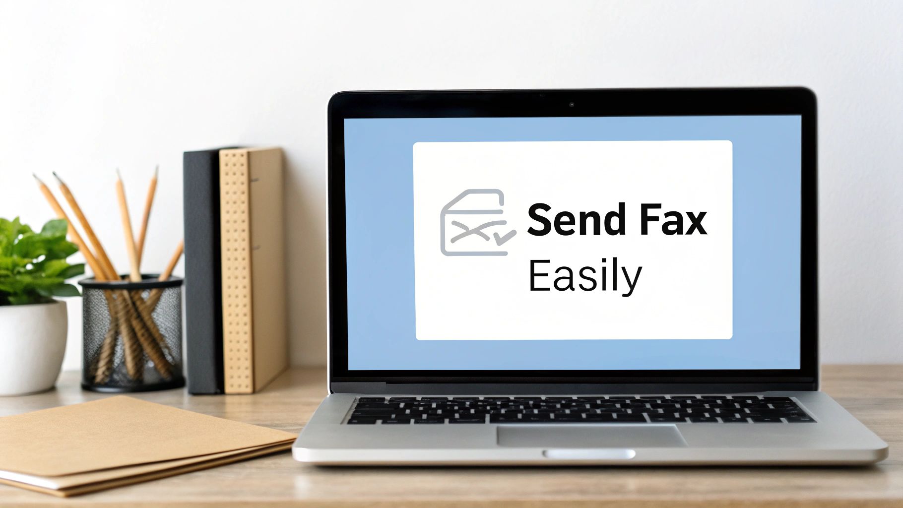 Laptop computer displaying send fax easily message on screen with office supplies on wooden desk
