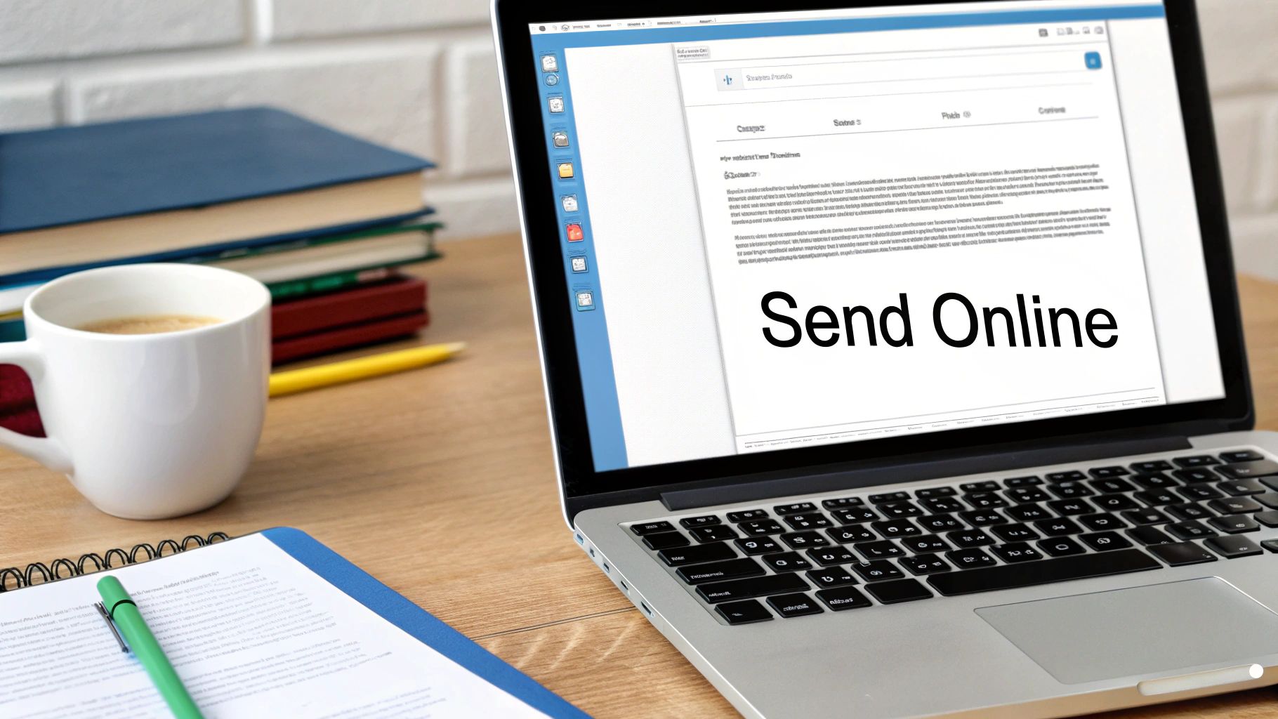 A laptop displaying 'Send Online' on the screen, next to a coffee cup, books, and a notepad.