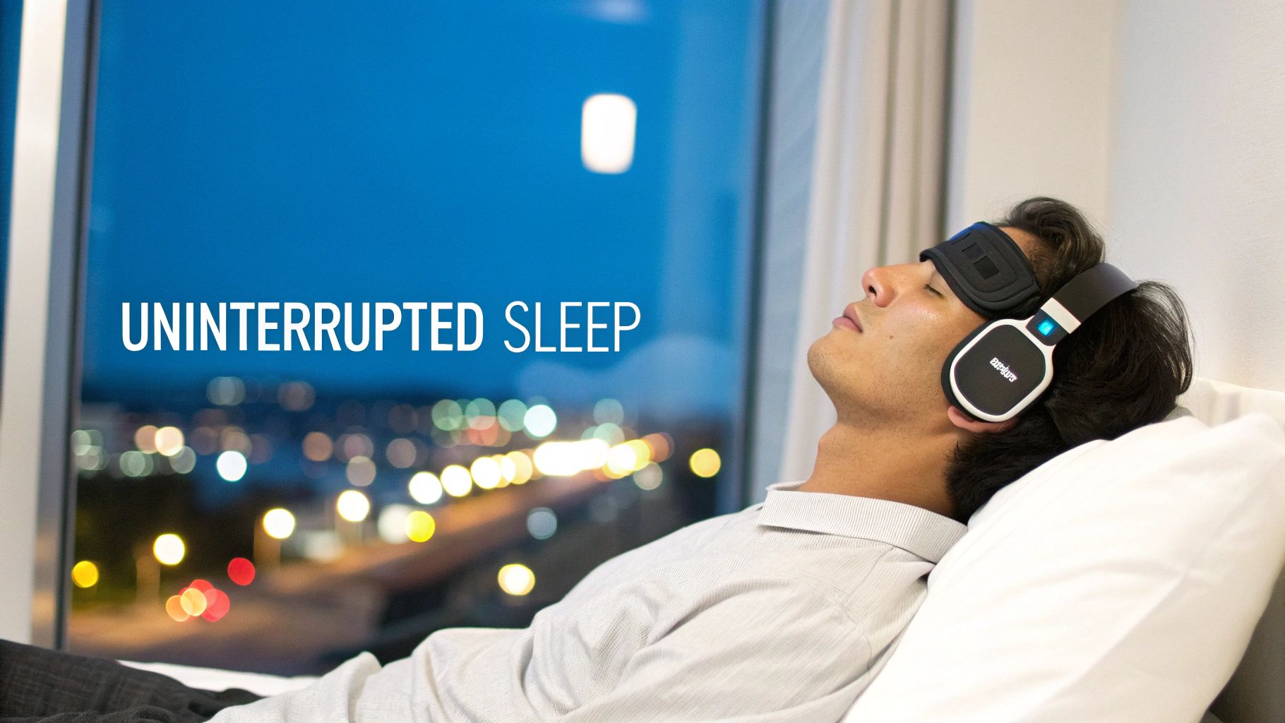 A man sleeps peacefully in bed wearing a black sleep mask and headphones, with city lights blurred outside the window.