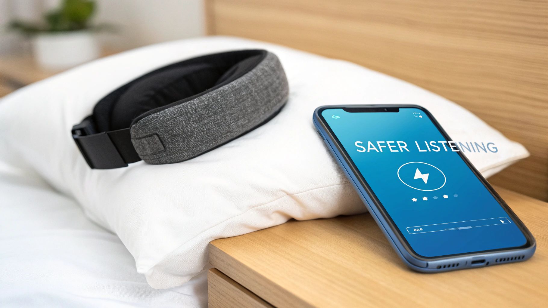 A person comfortably sleeping with soft, headband-style headphones on.