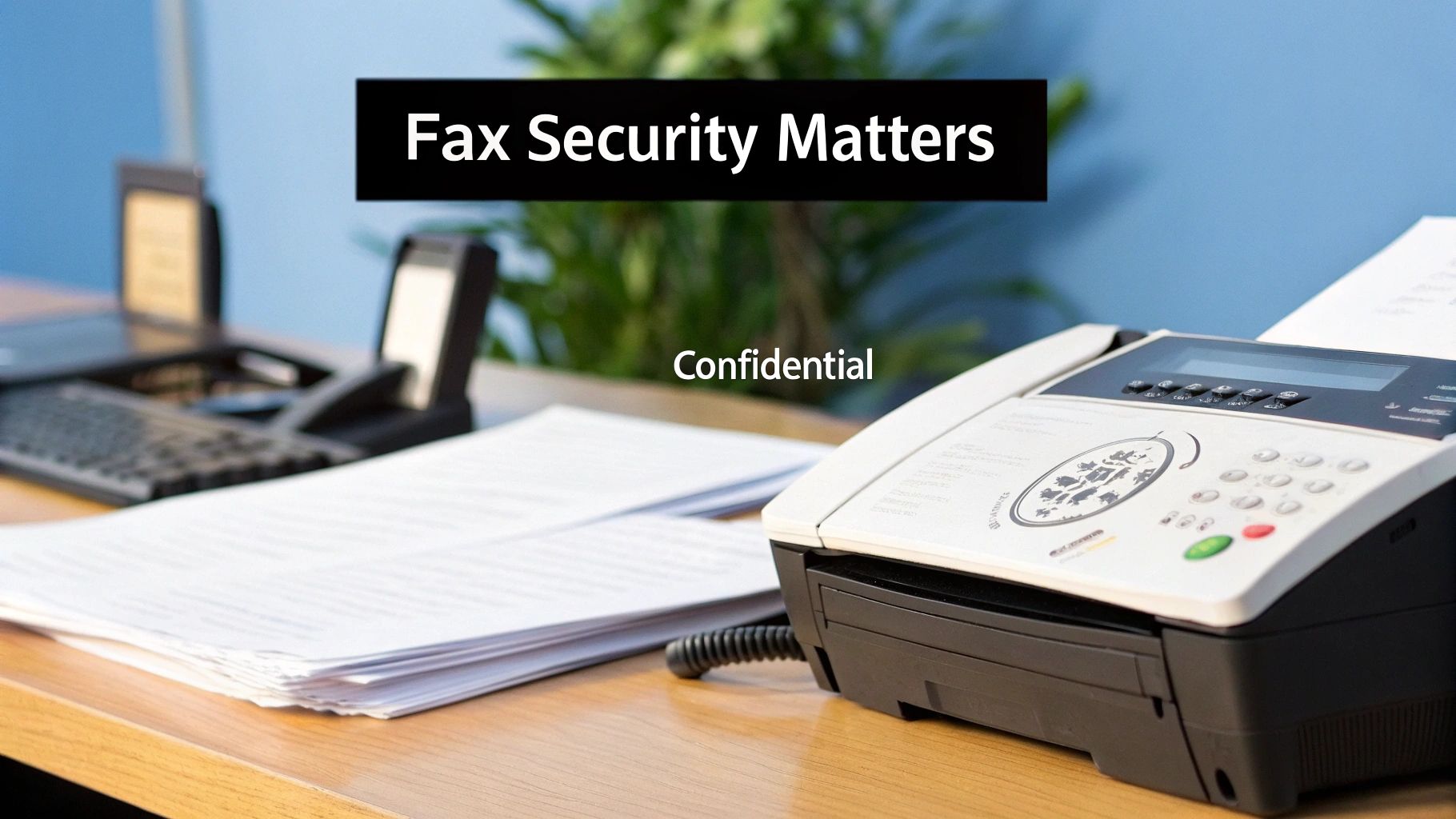 An office desk with a fax machine, papers, and text 'Fax Security Matters' and 'Confidential'.
