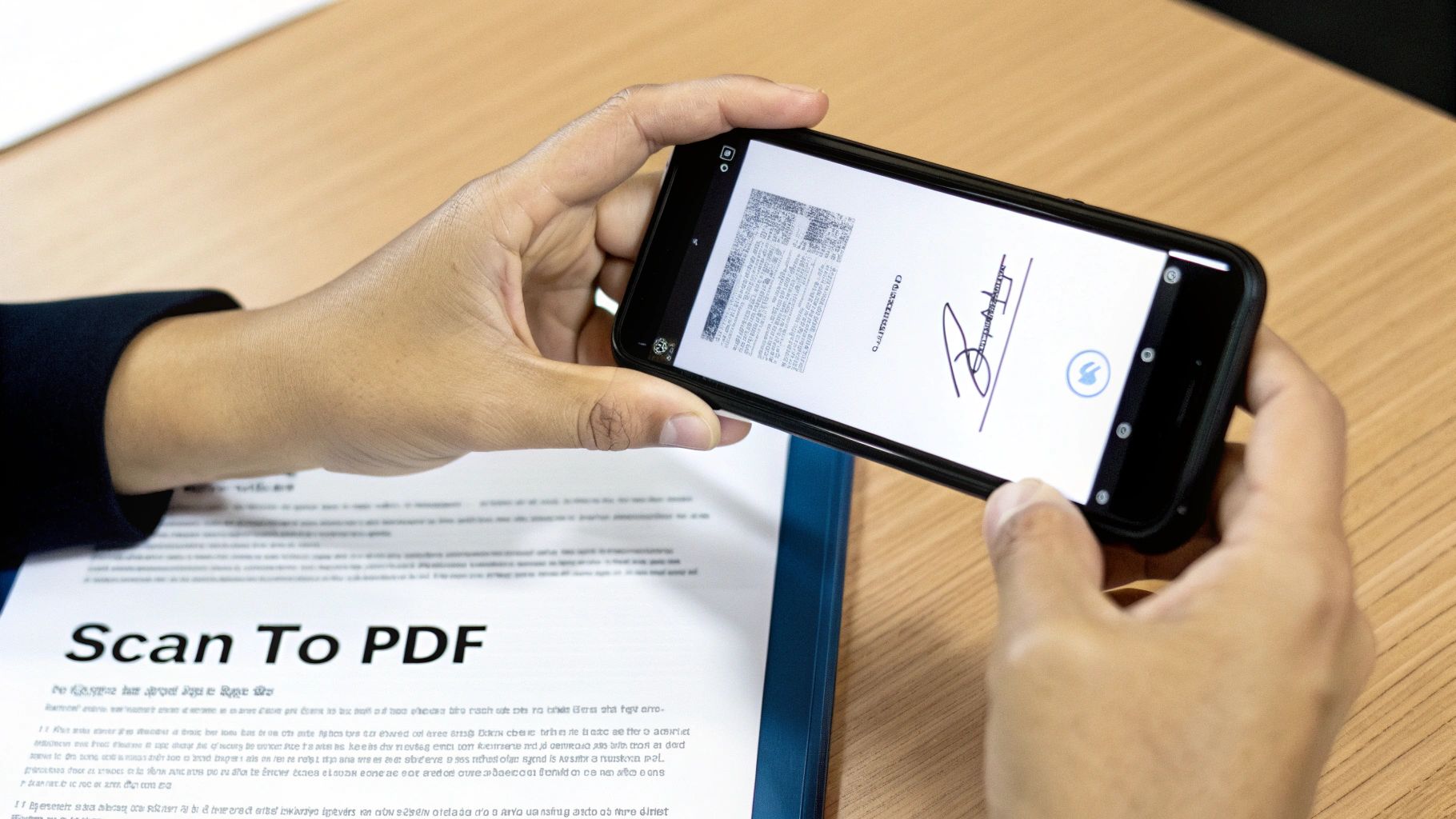 A person scanning a document with their smartphone to create a digital file.