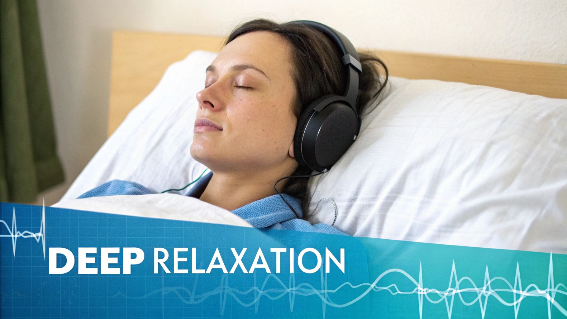 A woman with eyes closed, wearing headphones, lying in bed for deep relaxation or sleep.