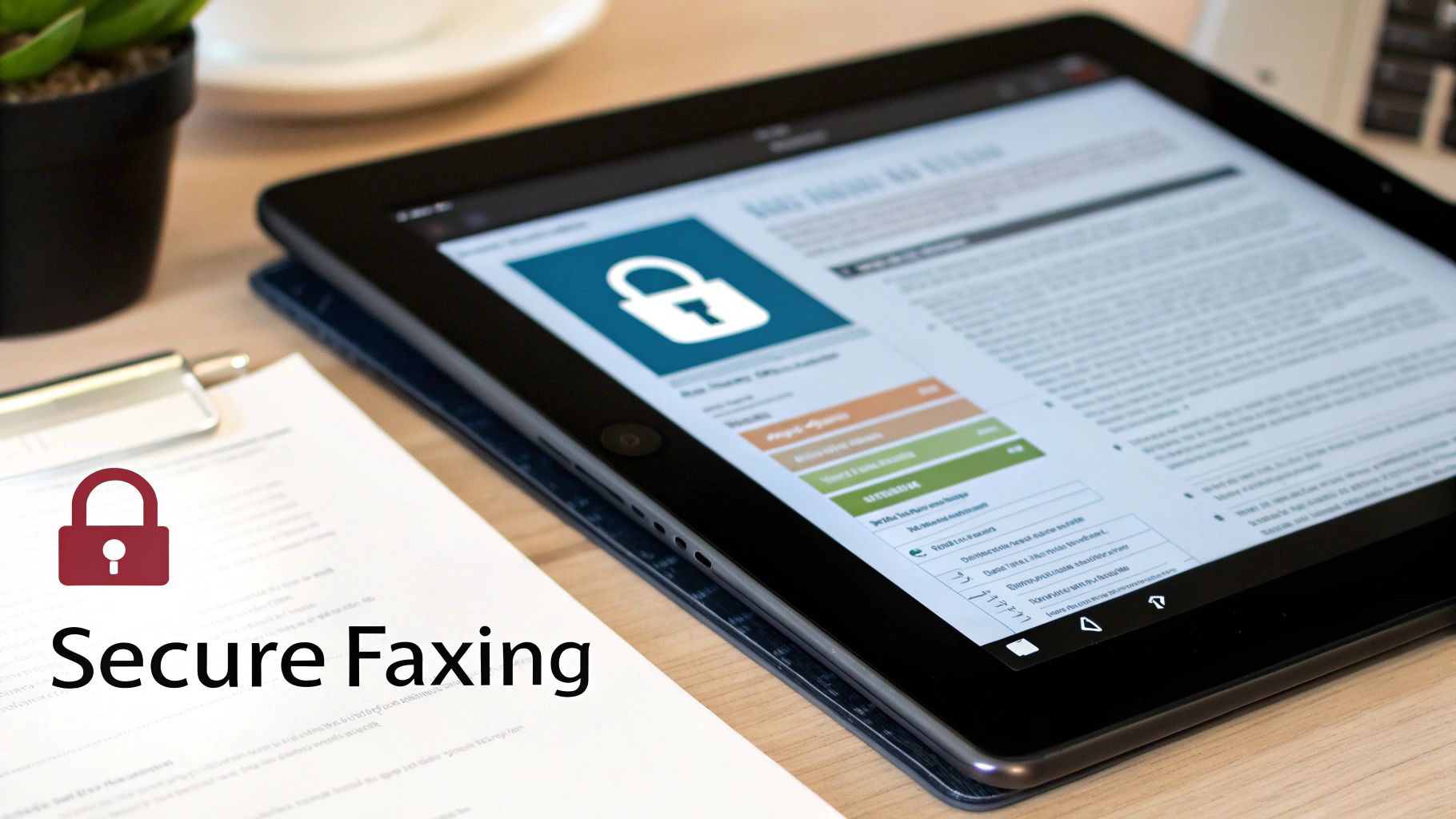 A tablet displaying secure information with a padlock icon, next to a document reading 'Secure Faxing' with another padlock.