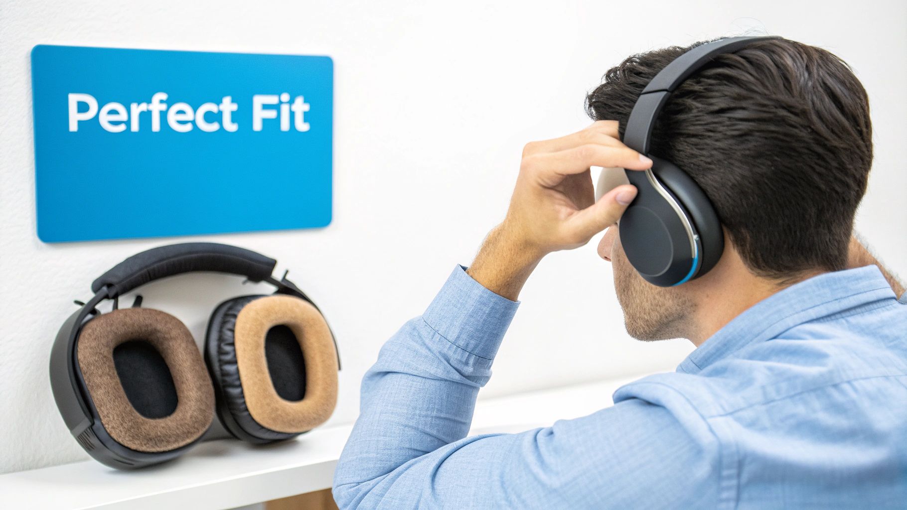 A person wearing over-ear headphones in a relaxed setting.