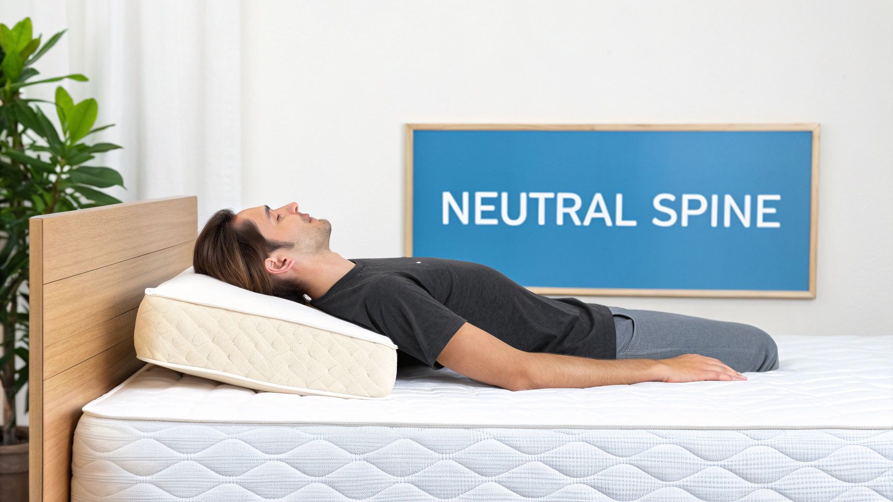 Man using a wedge pillow on a bed, demonstrating neutral spine alignment for better sleep.
