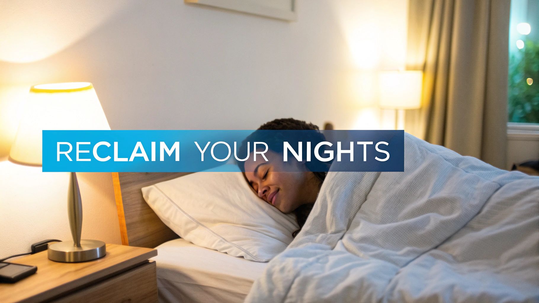 A peaceful person sleeping soundly in bed under a blanket, with a bedside lamp on.