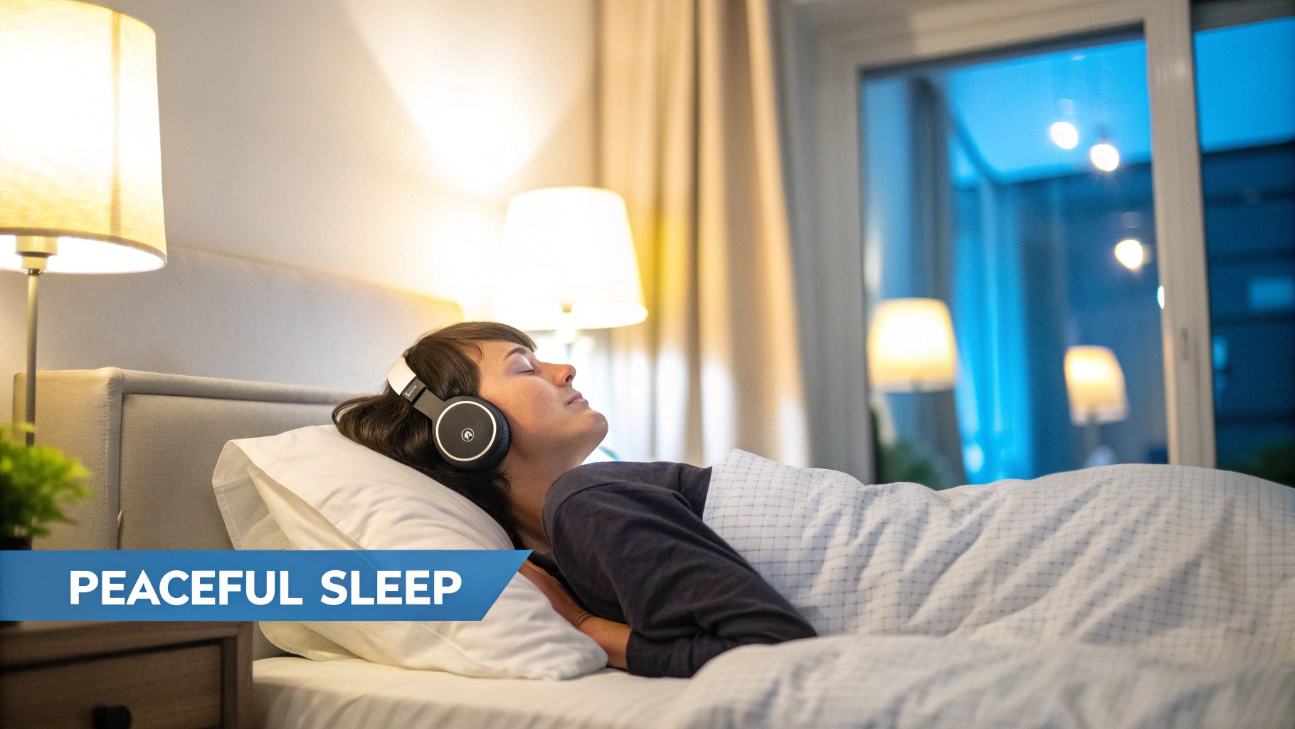 A person sleeping peacefully while wearing comfortable sleep headphones in a cozy bed.