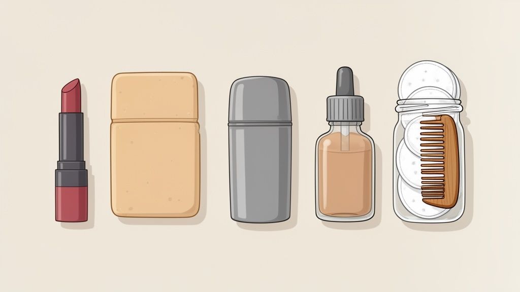 An illustration of five zero-waste beauty and personal care products on a light background.