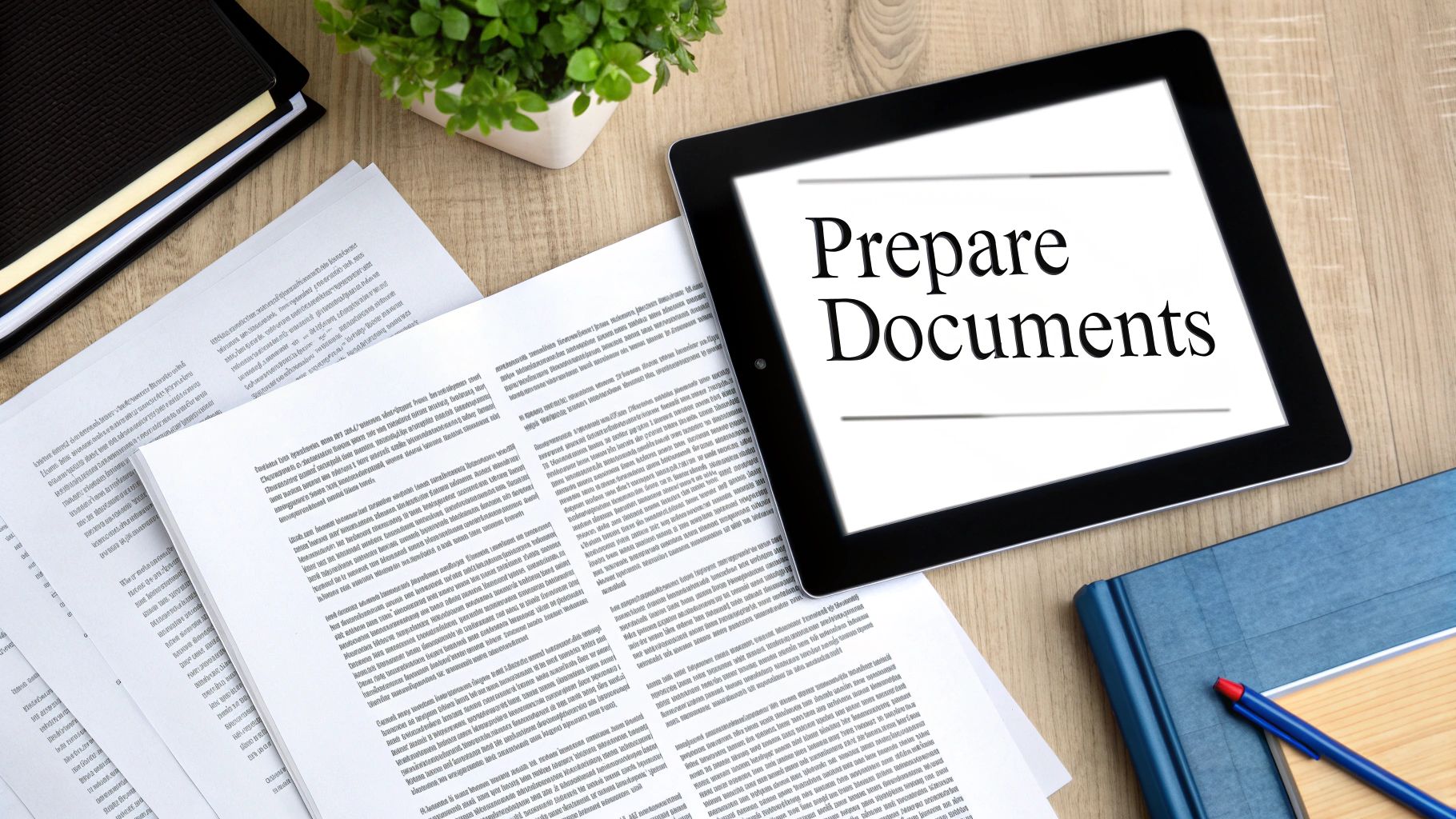A top-down view of a desk with a tablet displaying 'Prepare Documents' among papers and office supplies.