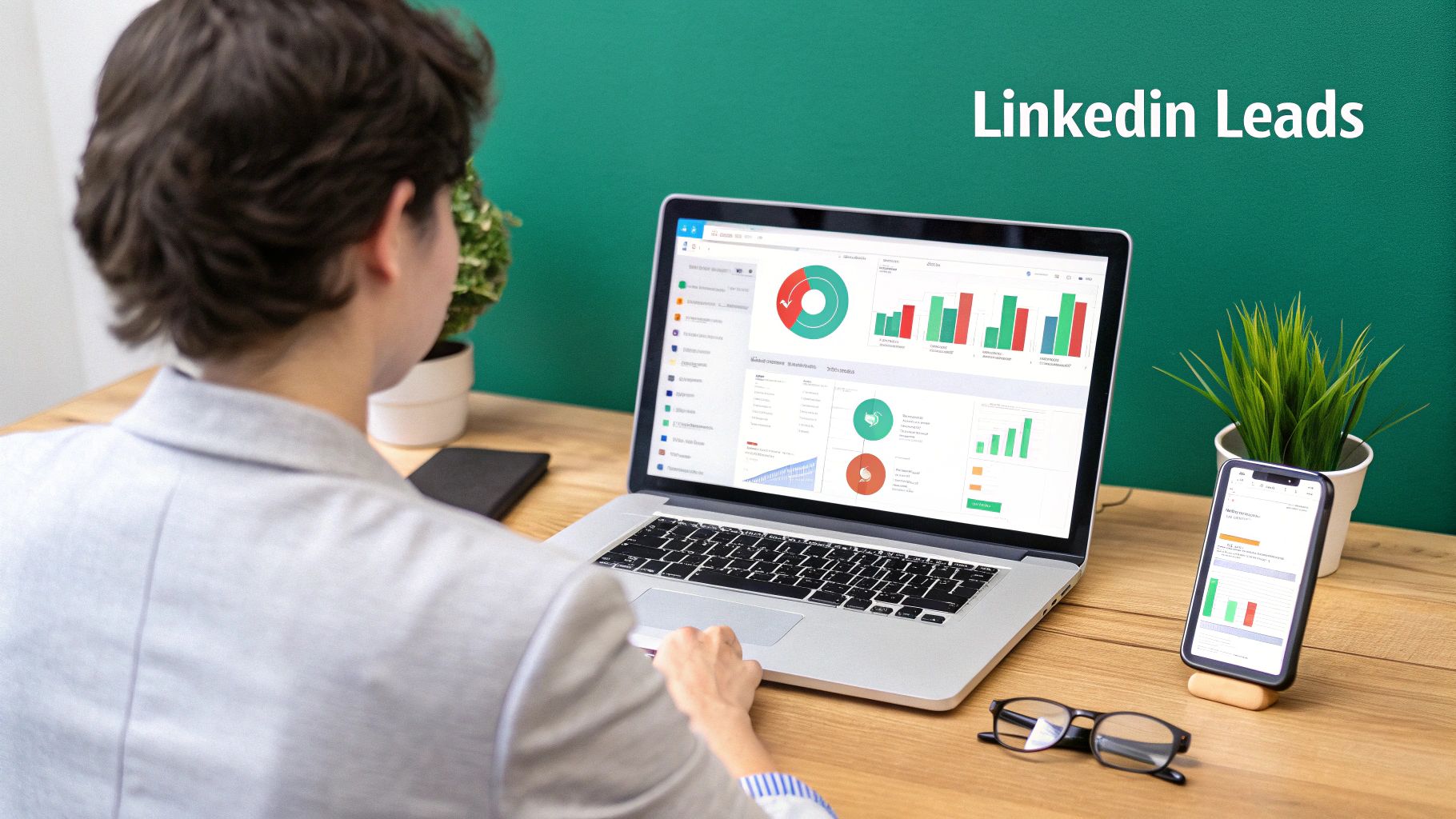 Person viewing LinkedIn leads data dashboards on a laptop, with a smartphone displaying similar charts nearby.