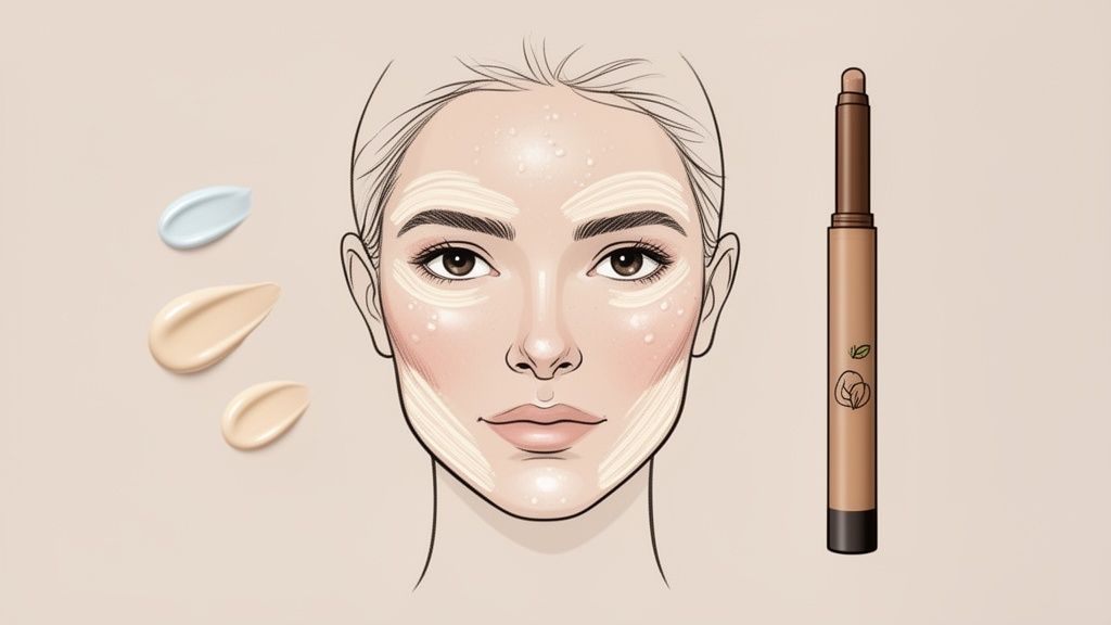 A diagram illustrating cream contour and highlight application on a woman's face, with product swatches and a stick.