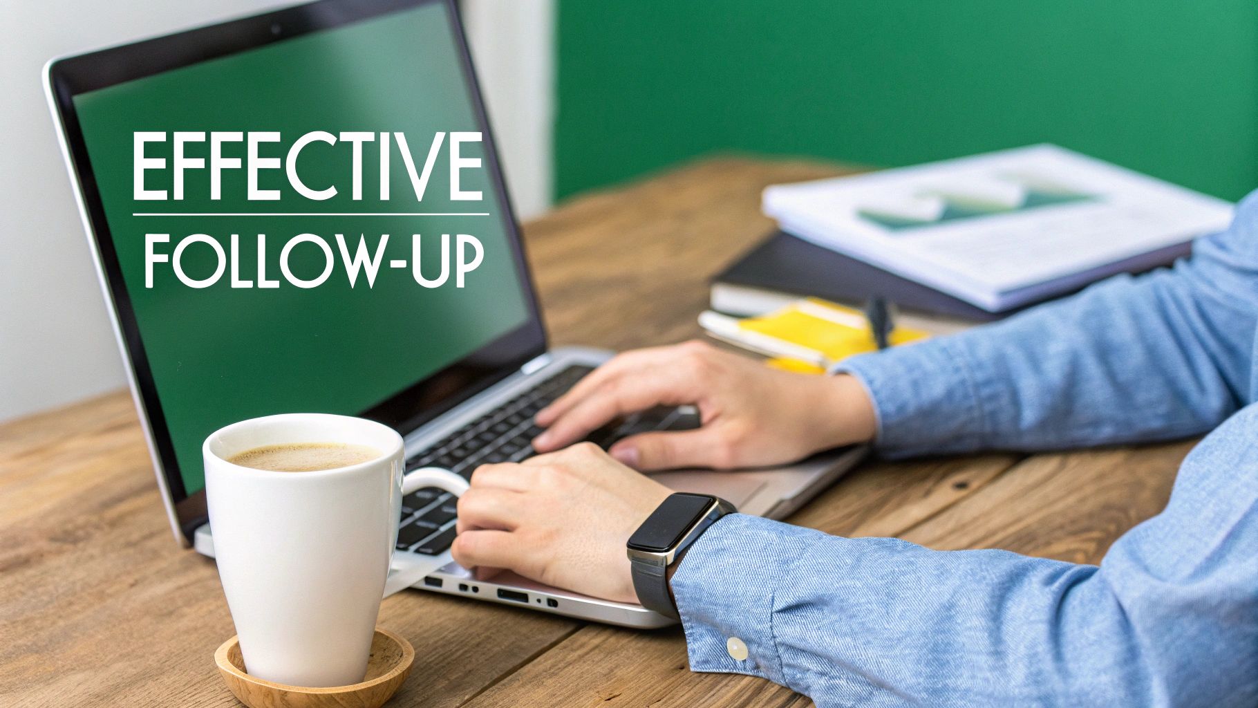 A person's hands crafting a follow-up email on a laptop, with a clean and organized desk setup.