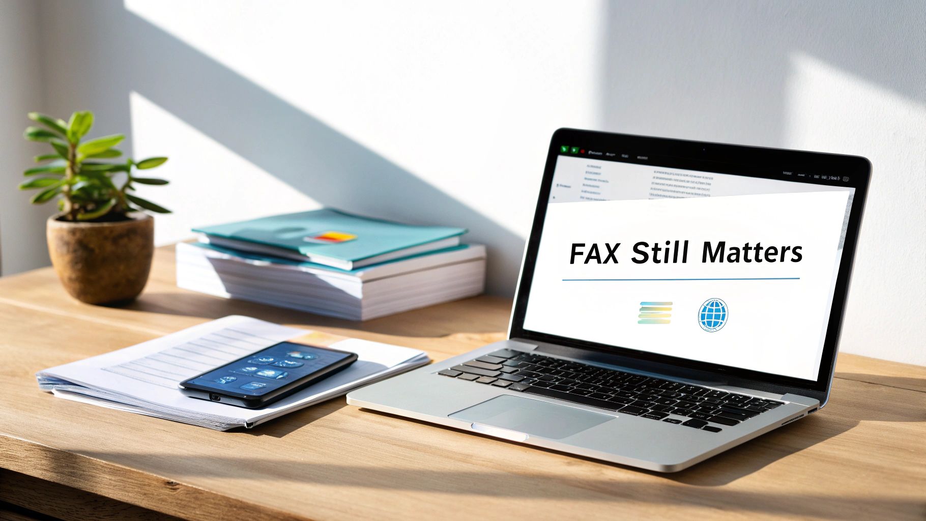 A person sending a document from a laptop, symbolizing the ease of online faxing.