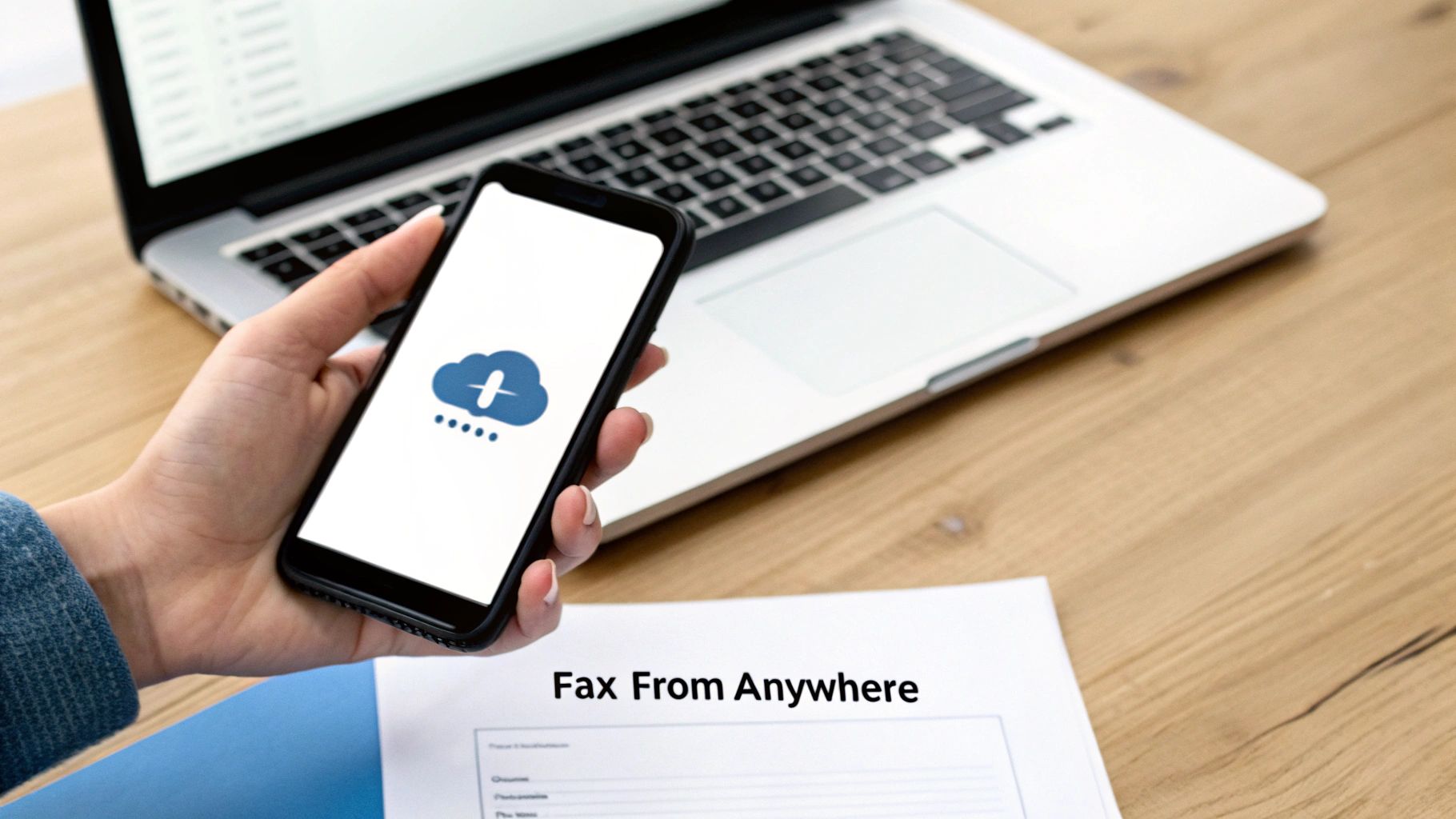 A hand holds a smartphone displaying a secure cloud fax app icon near a laptop and document.