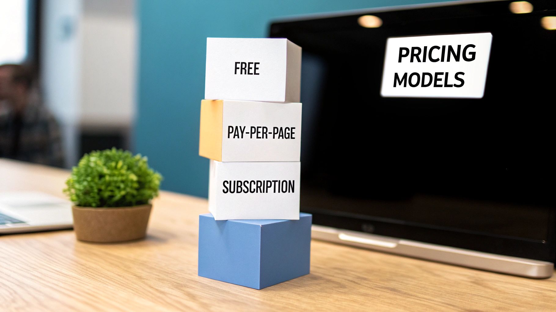 A chart on a tablet screen comparing different pricing models, illustrating the process of choosing an online fax service.