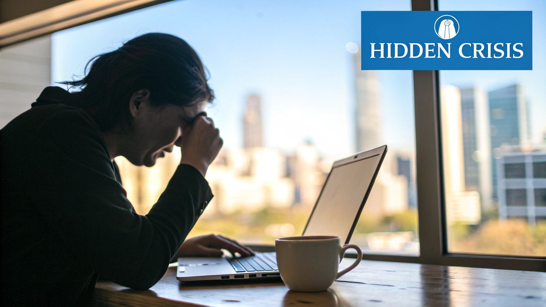 A person looking exhausted, sitting at a desk with their head in their hands, representing the modern crisis of sleep loss.