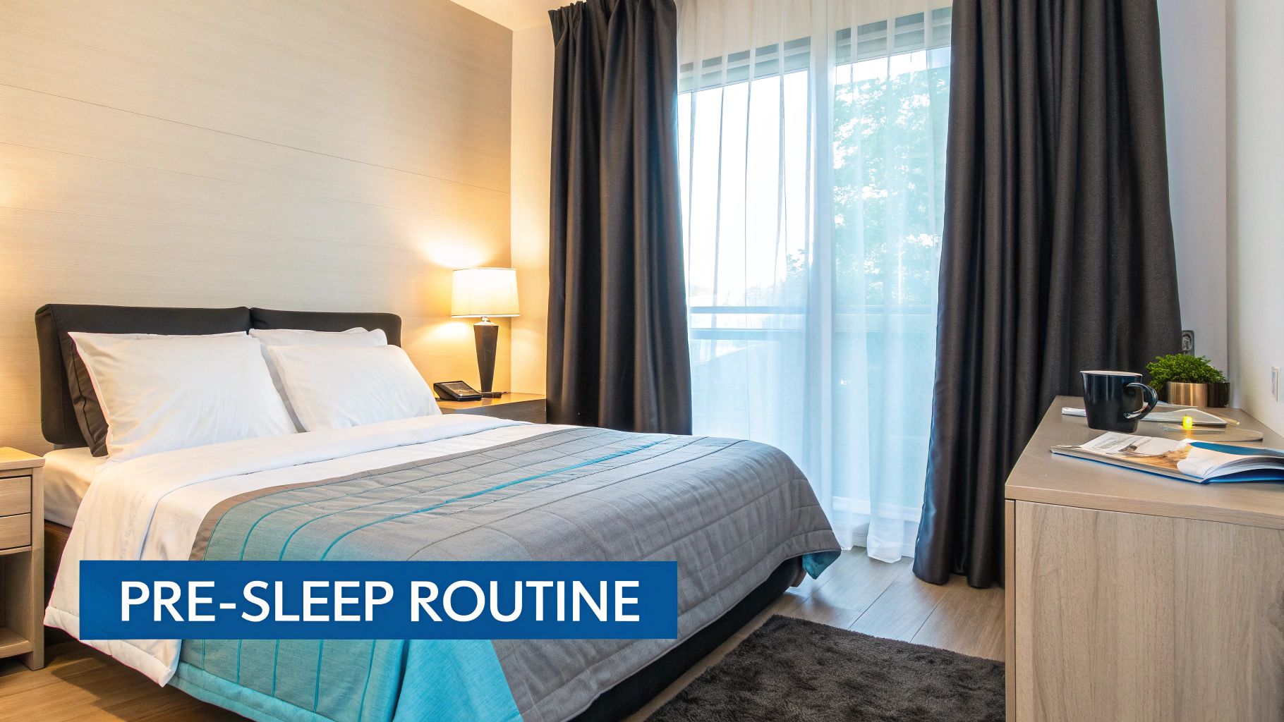 A cozy and tidy bedroom with a neatly made bed, lamp, and curtains, suggesting a pre-sleep routine.