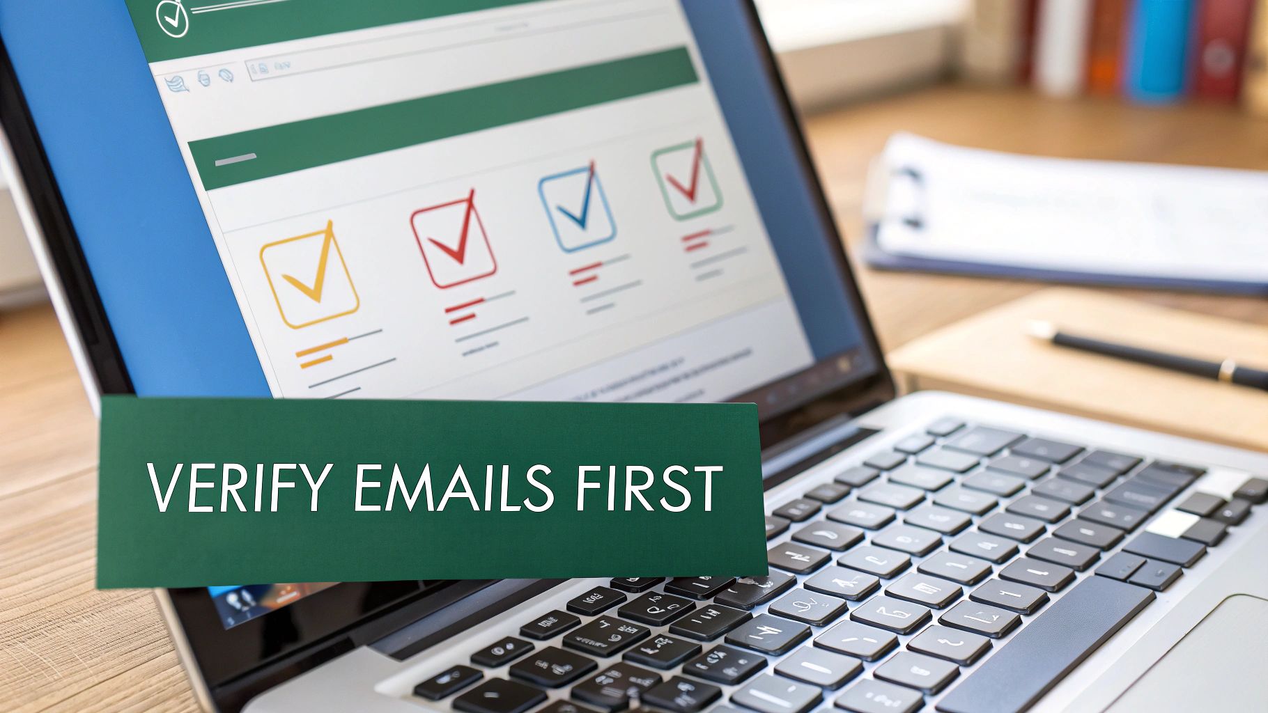 A green card with 'VERIFY EMAILS FIRST' on a laptop screen displaying checkmarks.