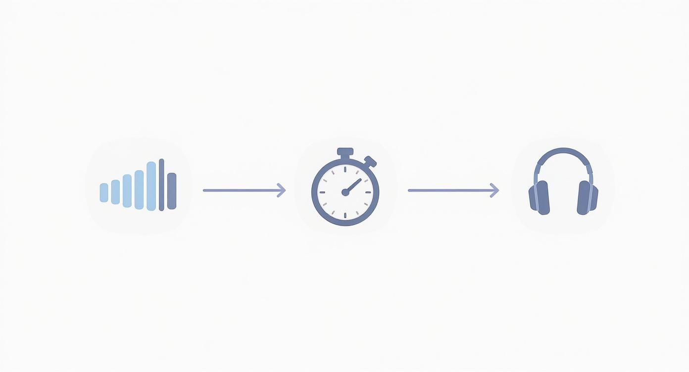 A sequence of icons: sound bars, an arrow, a stopwatch, an arrow, and headphones, representing timed audio.