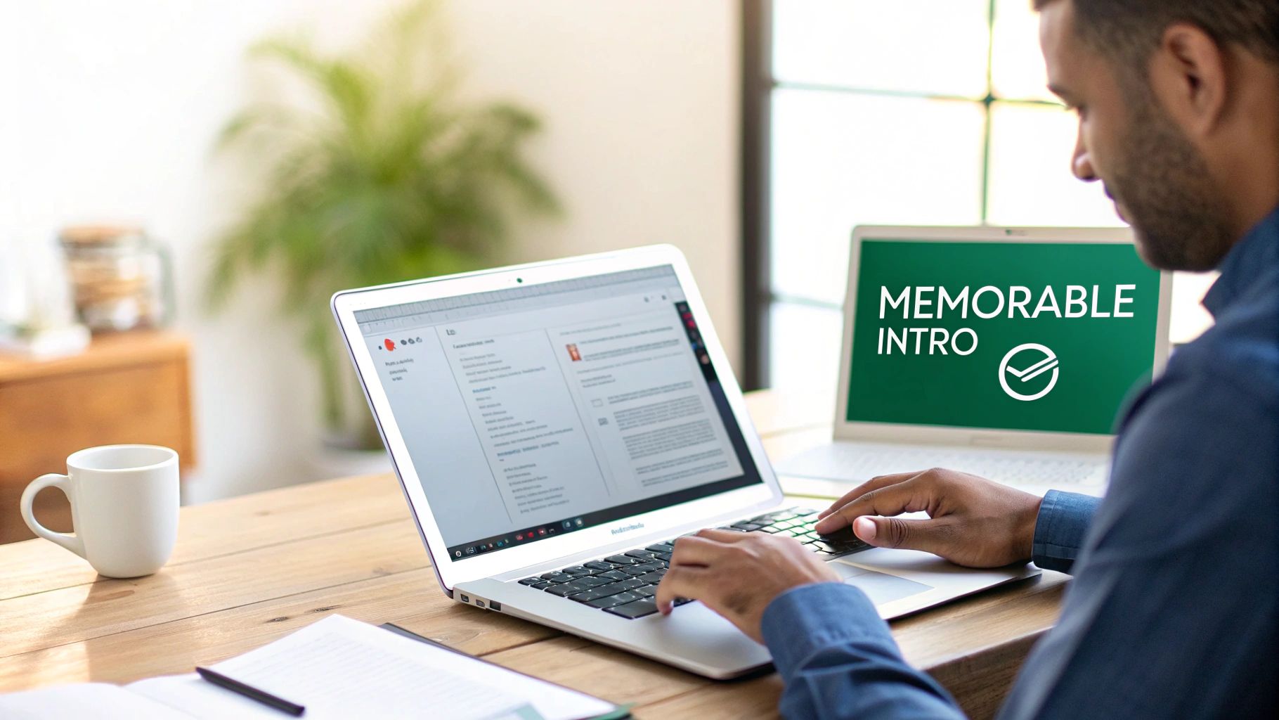 A man types on a laptop, while another screen displays 'MEMORABLE INTRO' with a checkmark.