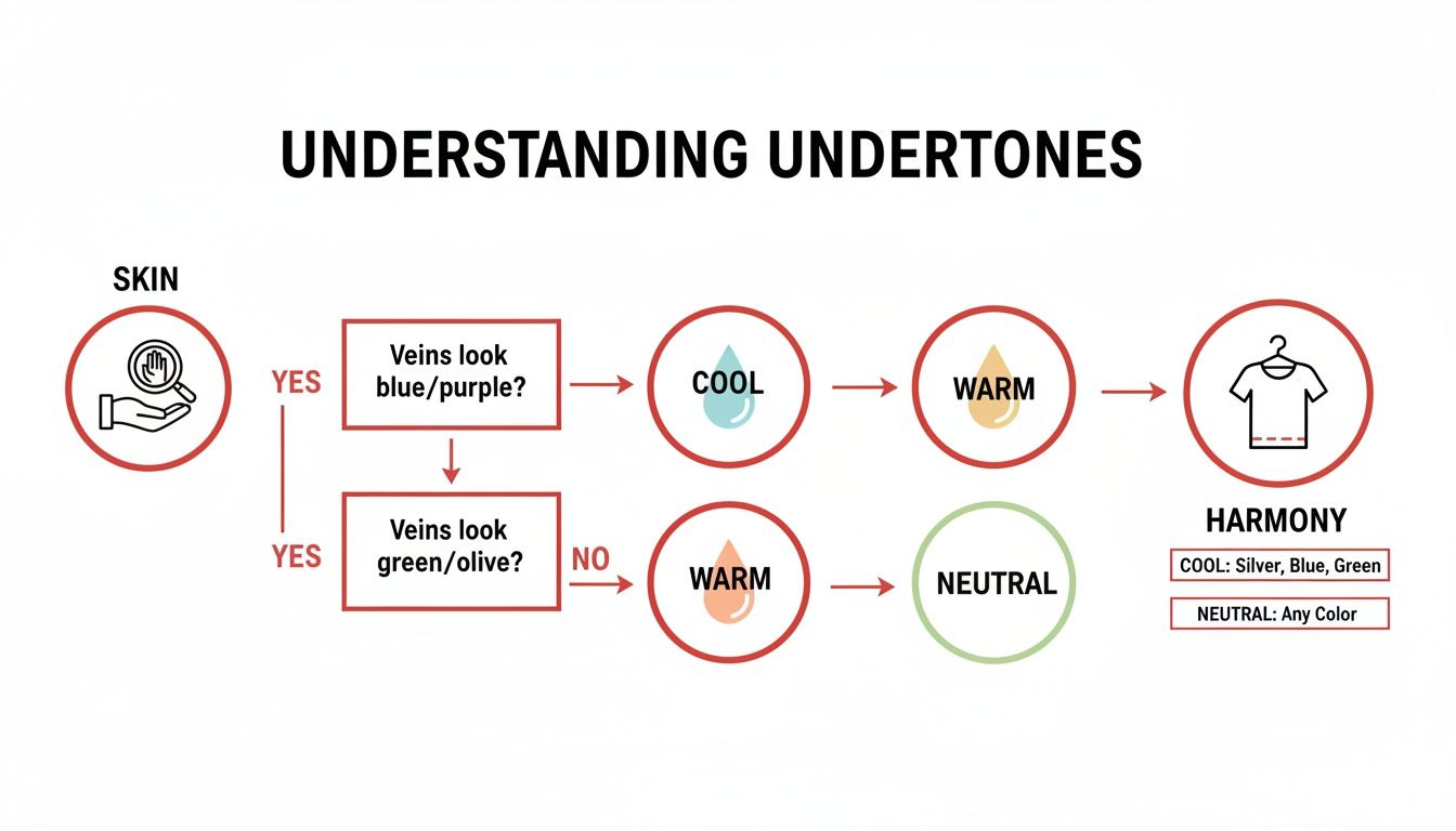 A flowchart guides users to determine cool, warm, or neutral skin undertones based on vein color, suggesting harmonious fashion colors.