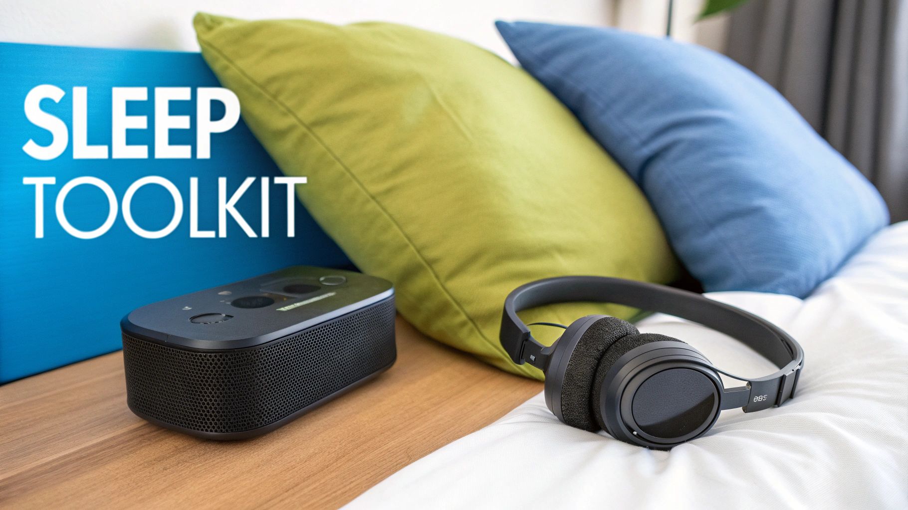A person comfortably wearing sleep headphones in bed.