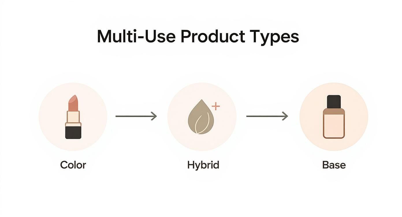 Diagram illustrating multi-use product types: Color (lipstick), Hybrid (leaf/drop), and Base (bottle).