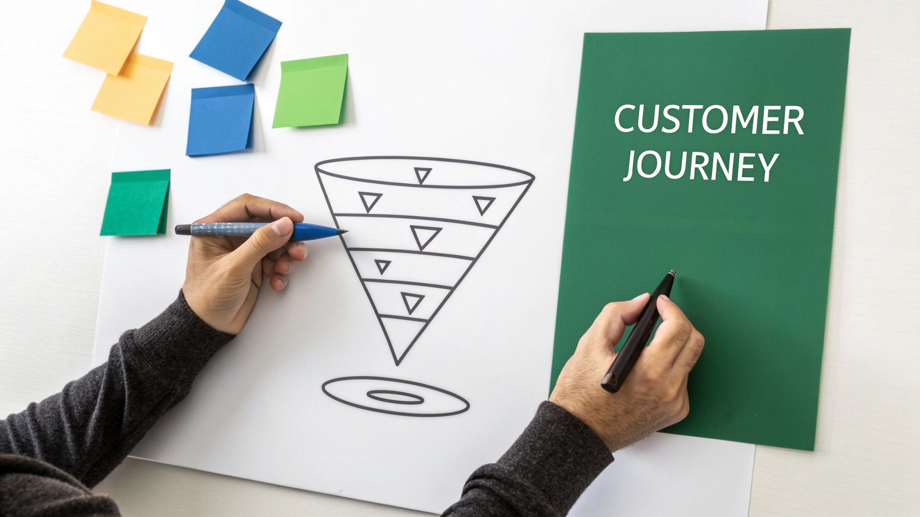 Hands drawing a multi-stage sales funnel diagram on a whiteboard with sticky notes and a 'Customer Journey' title.