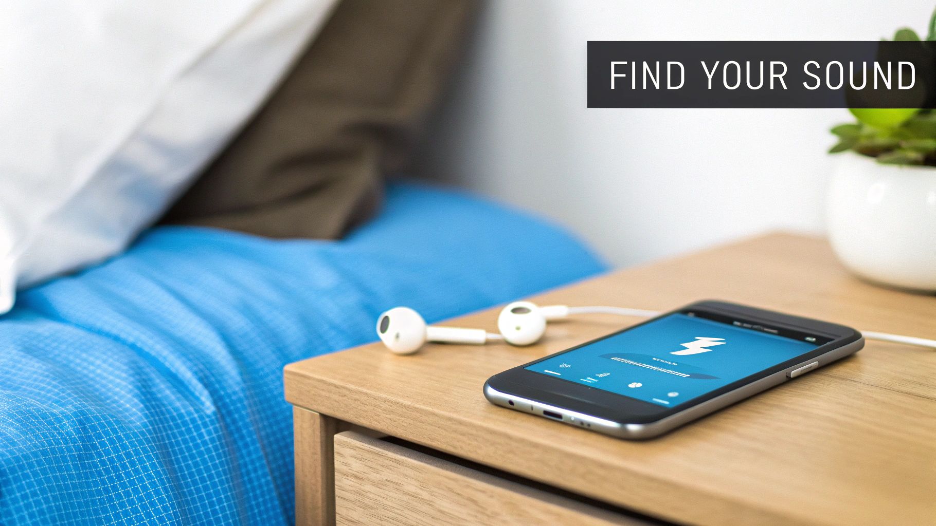 A smartphone with white earbuds rests on a wooden nightstand next to a bed, playing relaxing sounds.