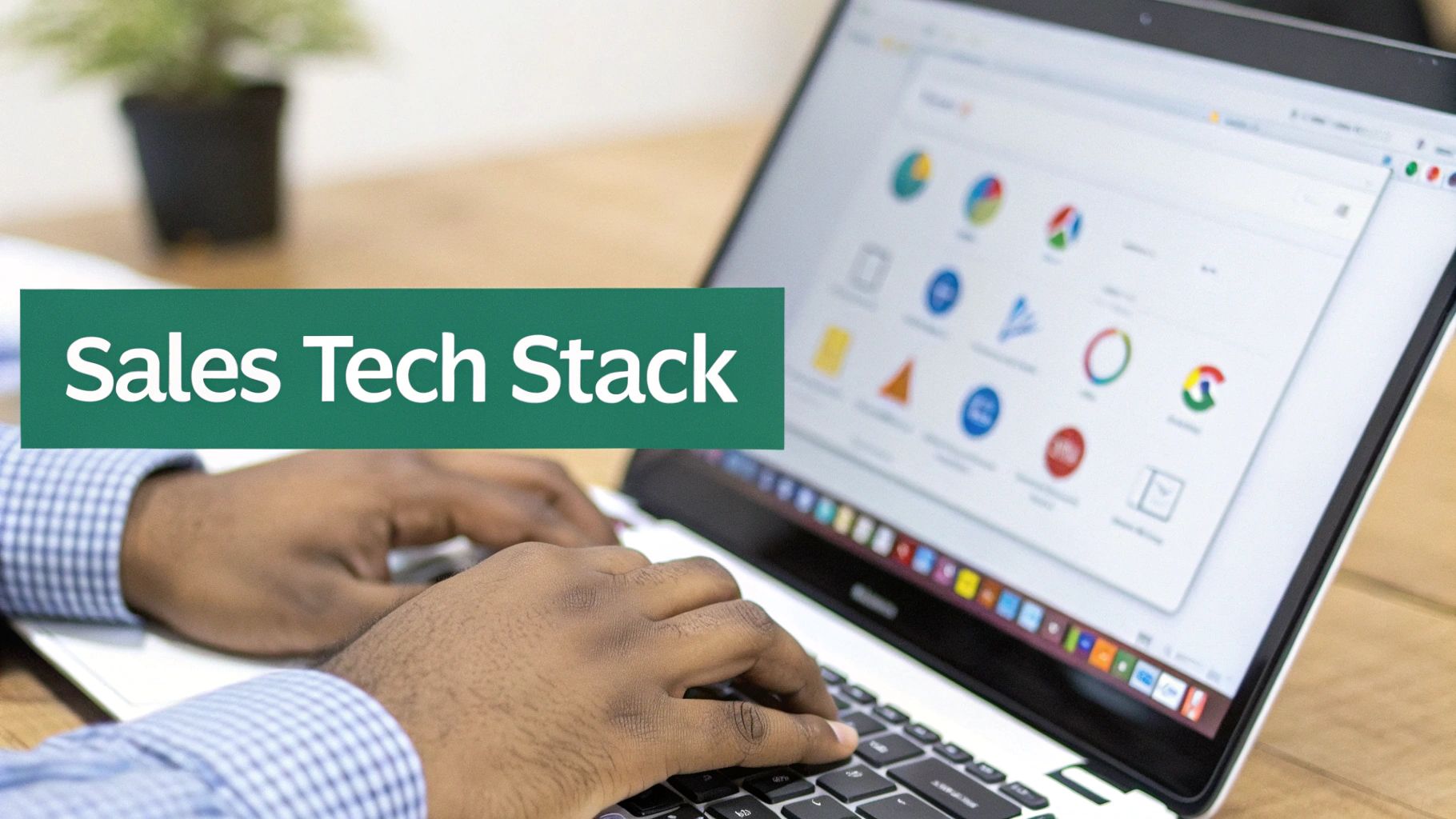 Person typing on a laptop displaying various app icons, with a 'Sales Tech Stack' overlay.