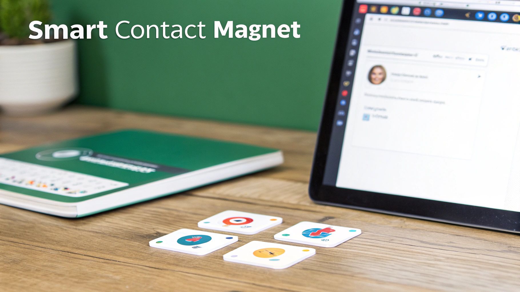 Four colorful smart contact magnets on a wooden desk with a laptop and green notebook.