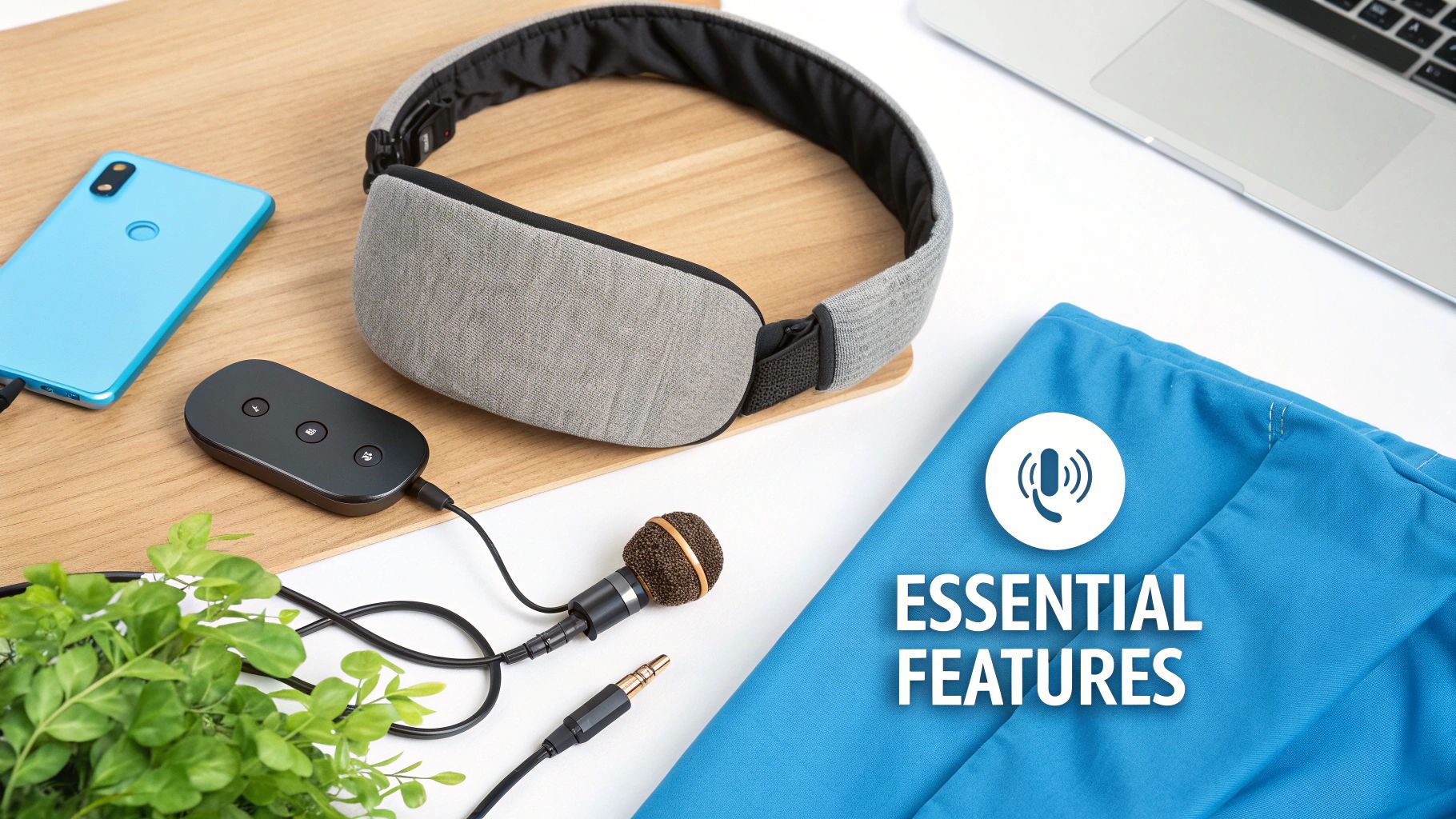 Sleep headband with remote control, smartphone, and microphone on wooden desk showcasing essential features