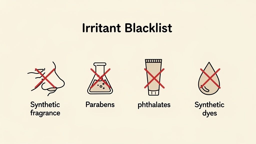 An 'Irritant Blacklist' shows synthetic fragrance, parabens, phthalates, and synthetic dyes to avoid.
