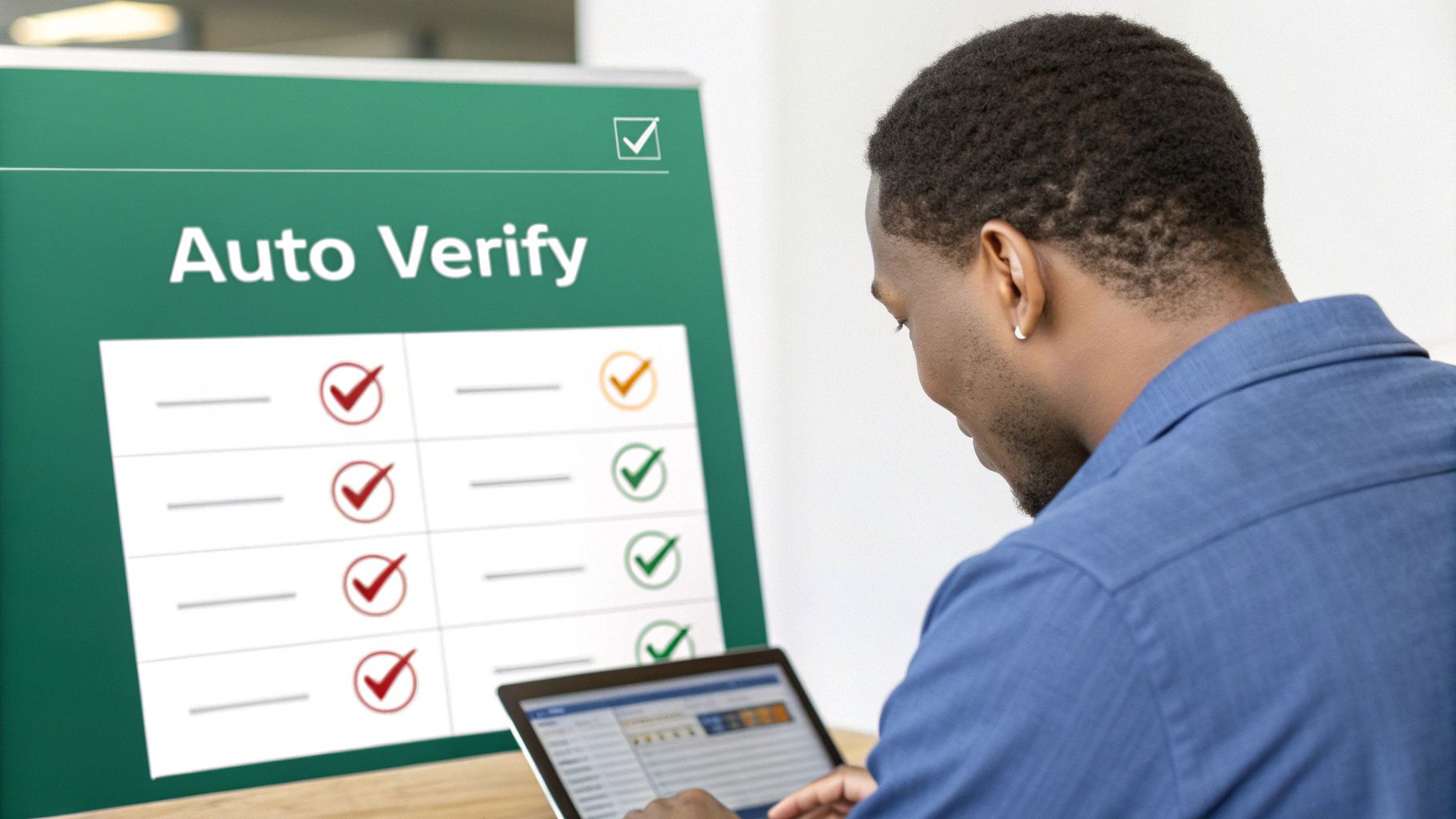 A man works on a laptop, viewing an 'Auto Verify' screen with checkmarks.