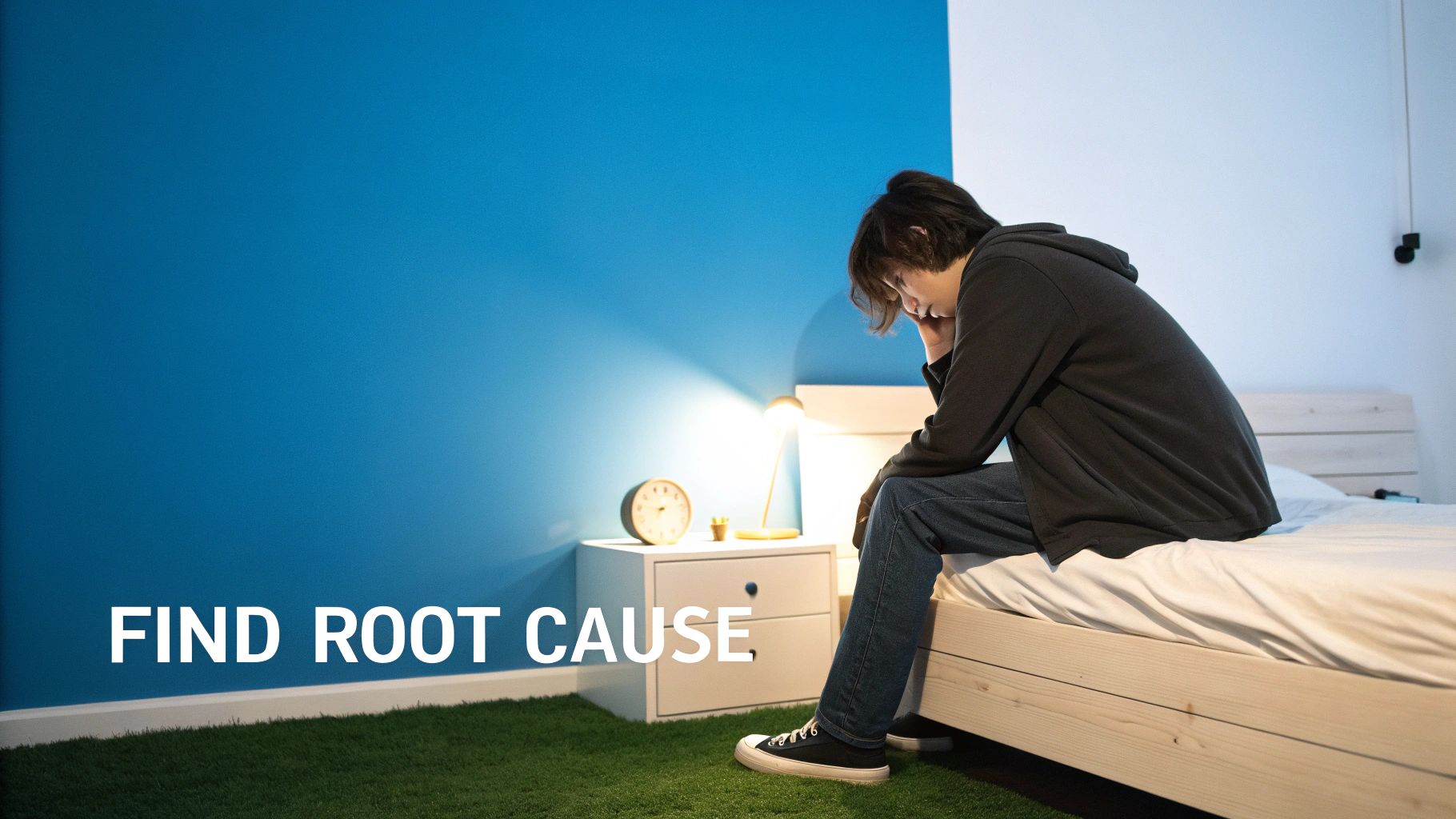 A person with dark hair sits on a bed, looking distressed, with a bedside lamp and clock.