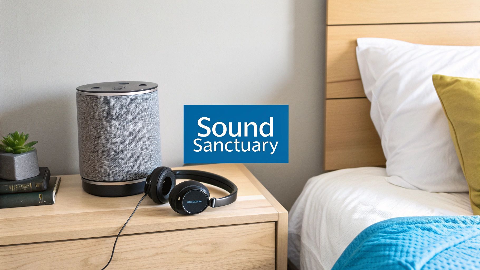 Person in a comfortable, dimly lit bedroom, listening to music with sleep headphones.