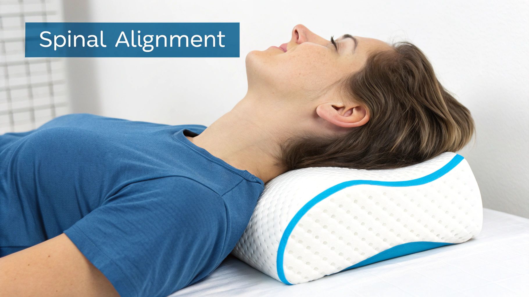 Woman lying on her back, head supported by a contoured cervical pillow, demonstrating spinal alignment.