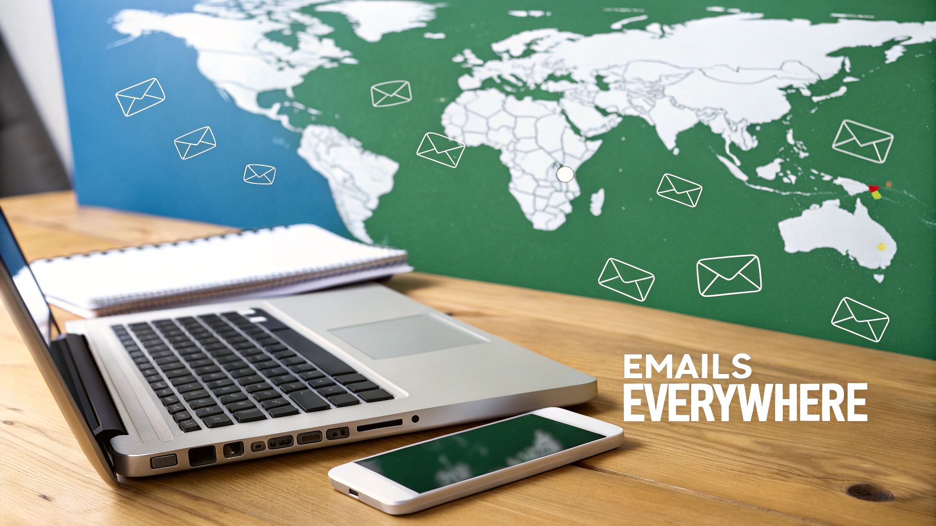 A person using a laptop with icons representing communication and networking floating around them, symbolizing the digital footprint left by emails.