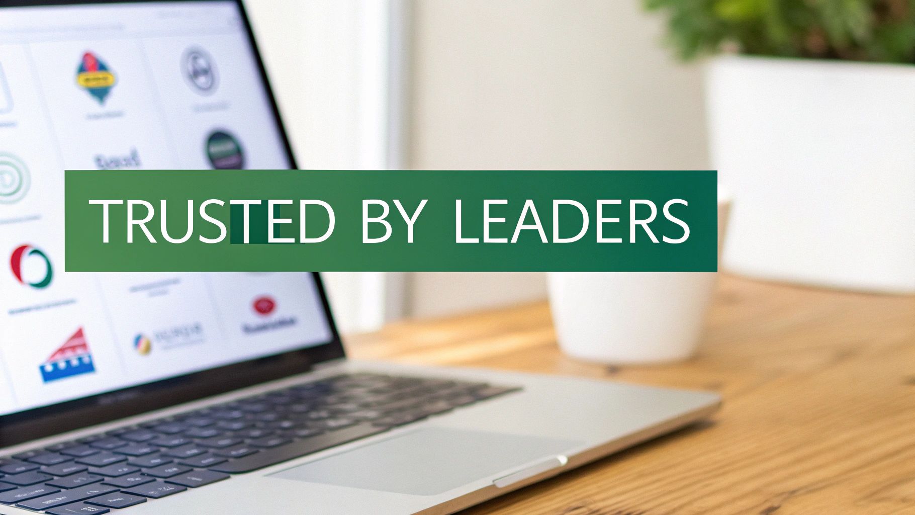 A laptop on a wooden desk displays various logos with a prominent green overlay stating 'TRUSTED BY LEADERS'.