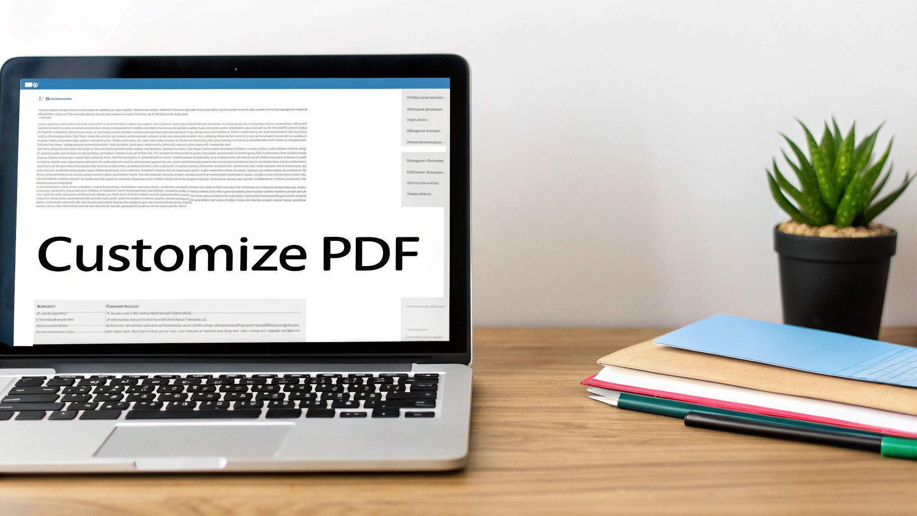 A laptop displaying 'Customize PDF' on its screen, next to a plant and documents on a desk.