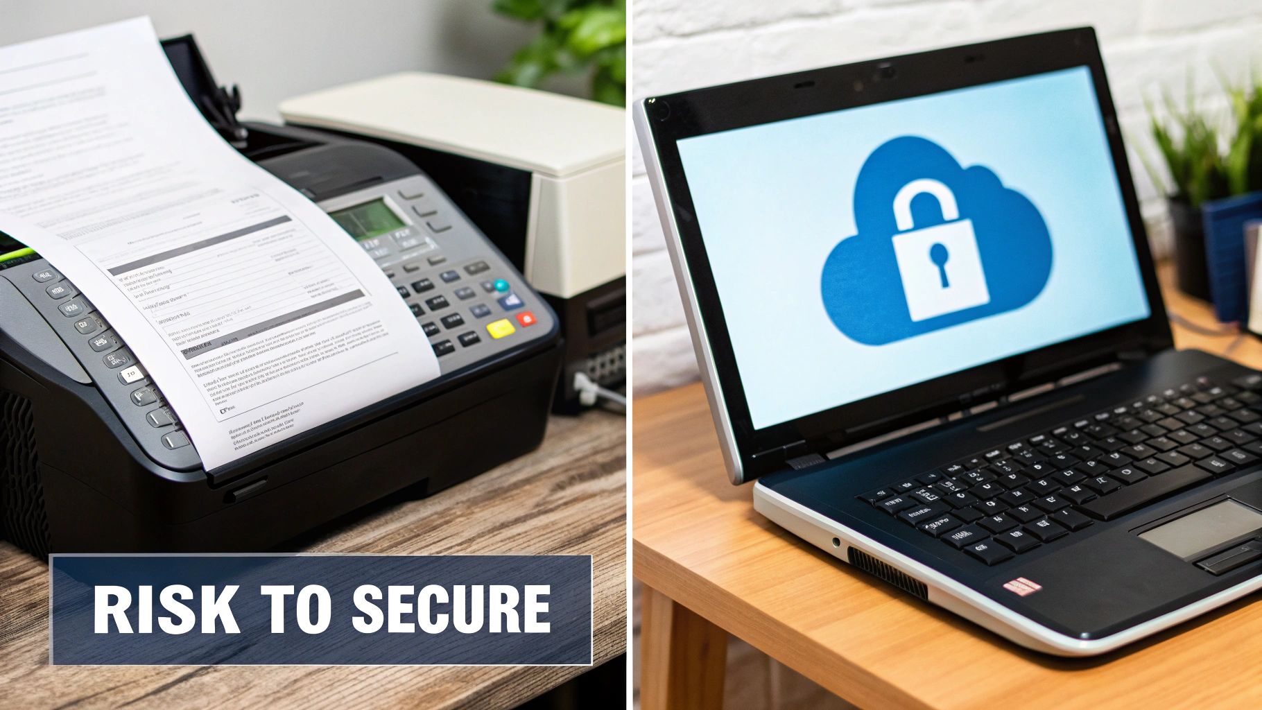 Split image showing a fax machine with paper and a laptop displaying a cloud security icon, with 'RISK TO SECURE' text.