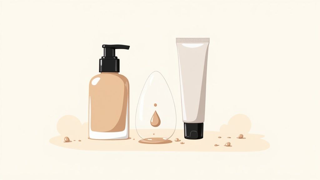 A collection of different foundation bottles and primers on a clean, modern surface.