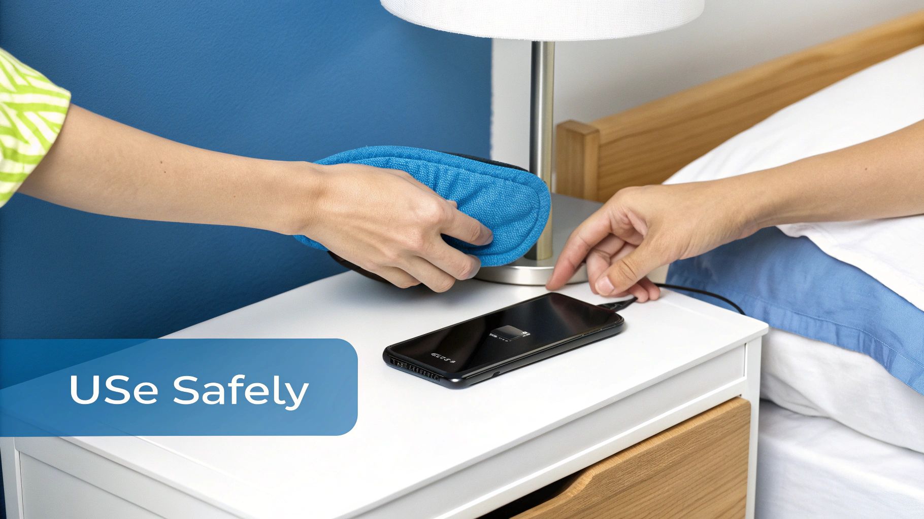 A person is gently wiping a fabric sleep headband with a clean cloth.