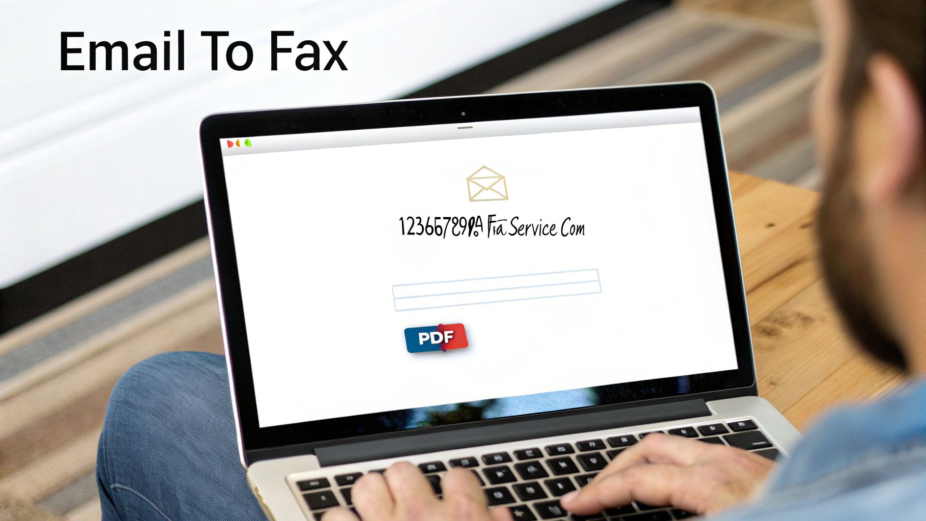 A person using a laptop to send a PDF document via email to fax service.