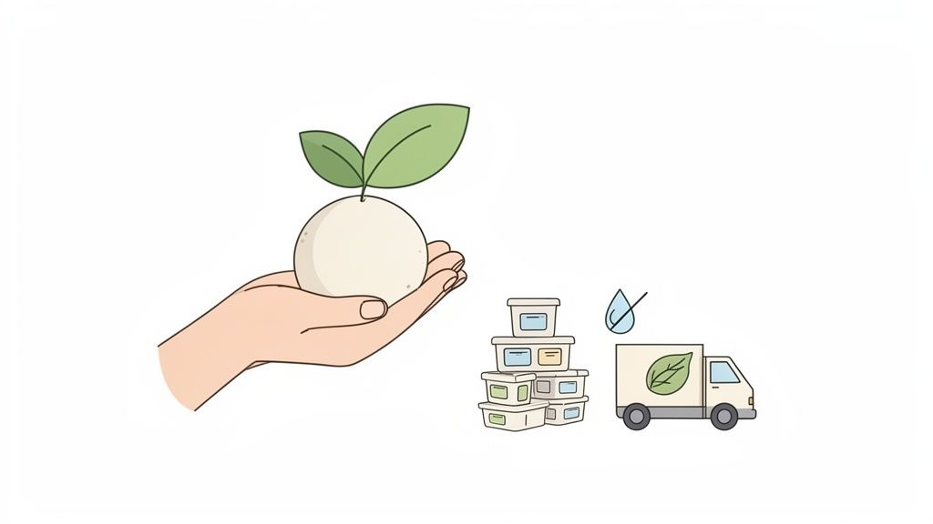 Hand holding a plant, with containers, a leaf-logoed truck, and a waterless icon representing eco-friendly products.