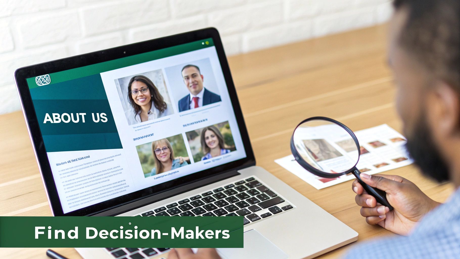 A person uses a laptop and magnifying glass to research decision-makers on an 'About Us' page.