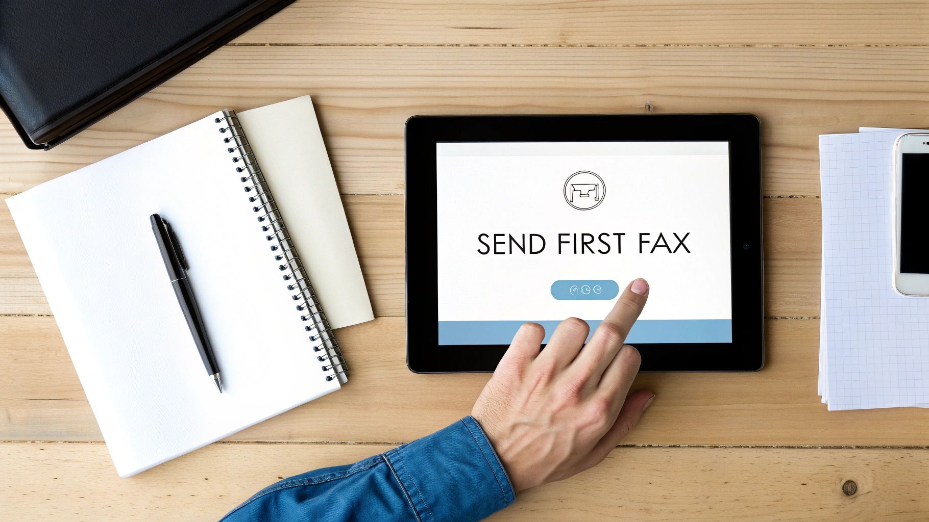 A person is sitting at a clean desk, using a laptop to send a digital fax, with a satisfied expression.